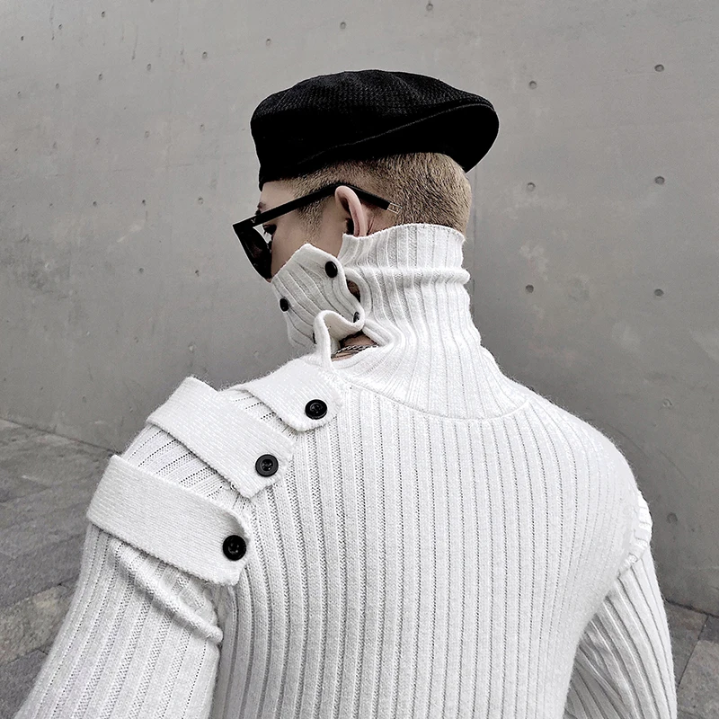 Men Turtleneck Sweater Pullover Casual Solid Color Slim Cargo Button Knitted Sweater High Street Designer Winter Warm Sweaters
