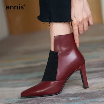 

ENNIS Brand Women Boots Retro Pointed Toe Shoes Burgundy Ankle Boots Genuine Leather High Heel Boots Stiletto Autumn Shoes A0282