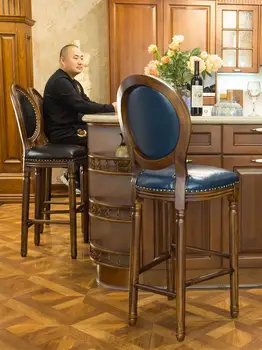 

American solid wood bar stool European bar chair retro high stool backrest front bar chair high stool