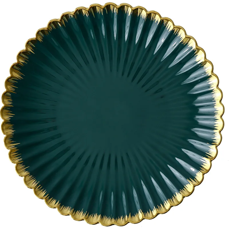Plate Ceramic Gilt Chrysanthemum Dish European Bowl Creative Retro Dark Green Tableware Home Steak Plate Soup Bowl Salad Bowl