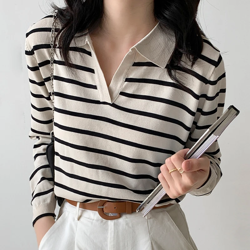 American Style Fake Two-Piece Striped Long-Sleeve T-Shirt Apricot main image 1