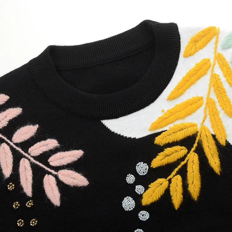 Модный женский свитер осень Популярнейшая цветная полоска рукав листья вышивка солнцезащитные очки девушки блестки вязаный пуловер, свитер, джемпер