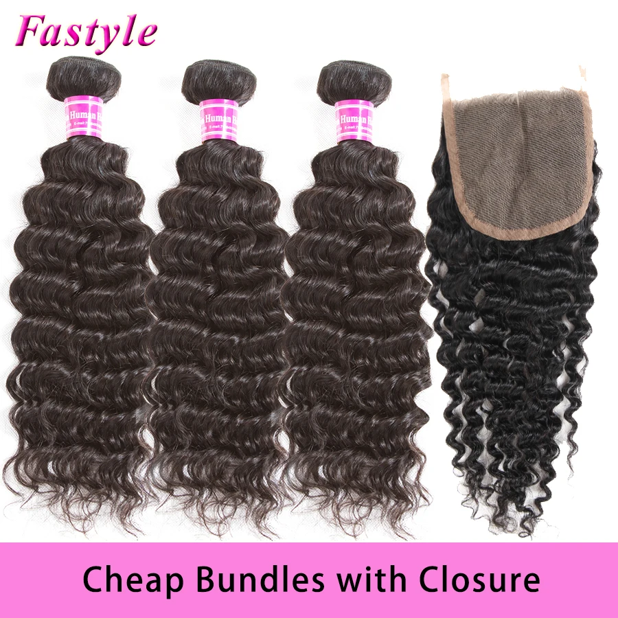 Brazilian Human Hair Bundles with Closure Natural Color Deep Wave Bundles with Closure Wholesale Deals Hair Extensions Fastyle