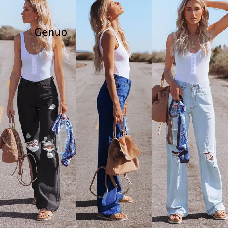 High Waisted Jeans Womens Autumn Wide Leg Pants Fake Zippers Ripped Washed Do Old Cotton Full Length Casual Mom Jeans