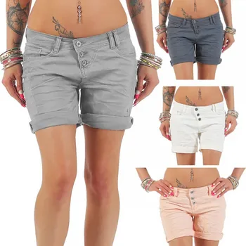 

Mid-Waist Button Fly Women's Denim Shorts Scratched Pocket Design Shorts Femme Short Mujer Pantalones Cortos Mujer