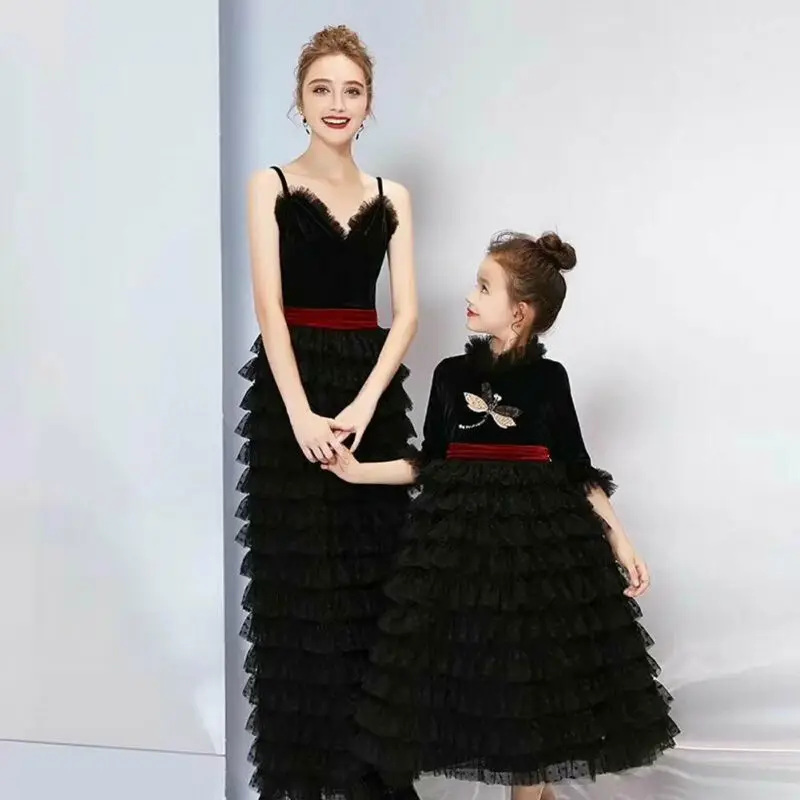 Модное семейное платье для мамы и дочки; одинаковые вечерние платья-пачки макси для женщин и девочек