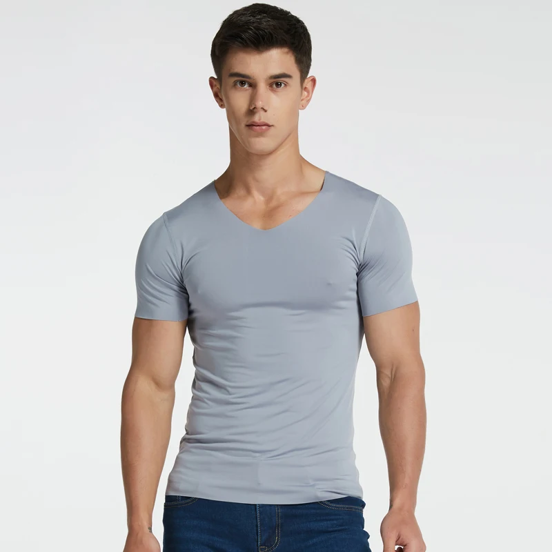 Men's Vneck Undershirts Man Ice Silk Seamless Short Sleeves Basics