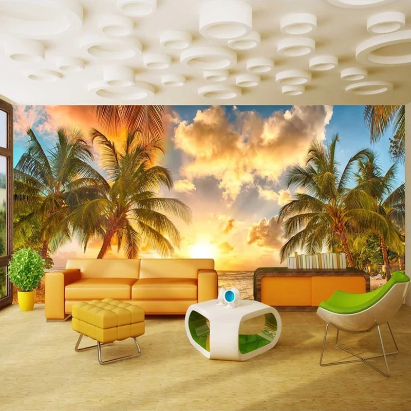 

Bacal Custom Wall Mural Non-woven Wallpaper Beach Sunset Coconut Tree Nature Landscape Photo Backdrop Wallpapers For Living Room