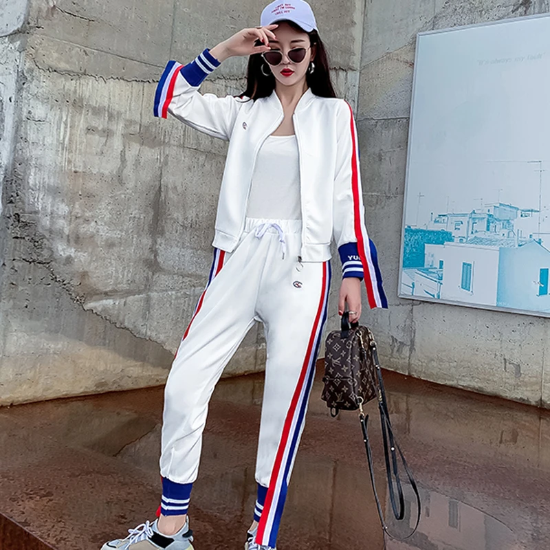 

2019 Winter Autumn Fashion Tracksuit For Women Striped Pant Suits Runway Two Piece Set Women Zip-up Jacket And Slim Pencil Pants