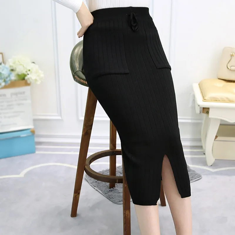 Women Skirts New Autumn Winter Knit Split High Waist Step Skirt Long Skirts Paragraph Bag Hip Solid Color Skirts