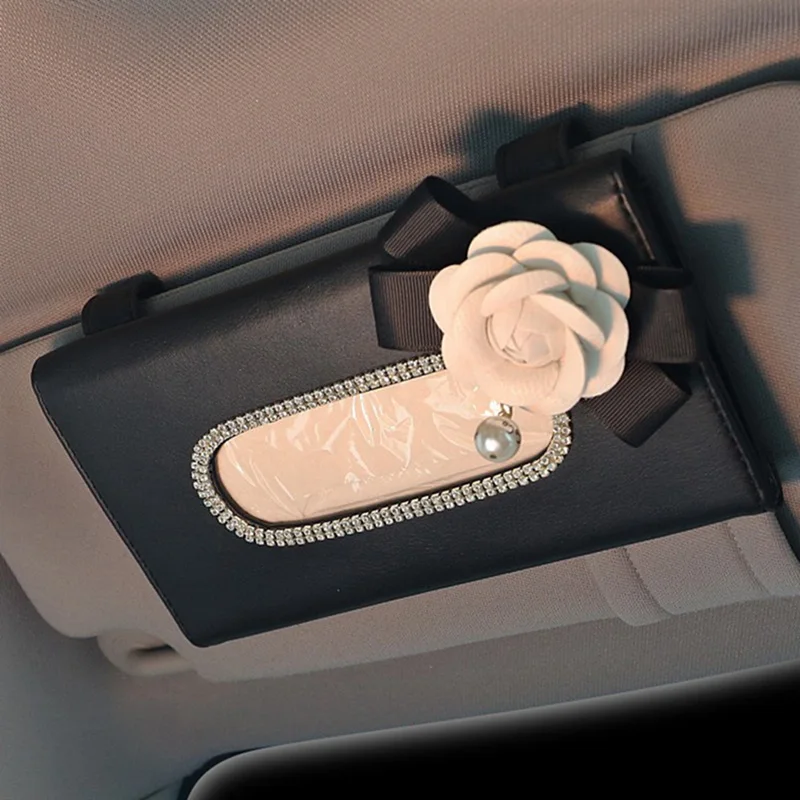 Cute Flower Crystal Tissue Box Paper Holder for Car Sun Visor Leather Hanging Auto Sunvisor Tissue Cases Car Accessories