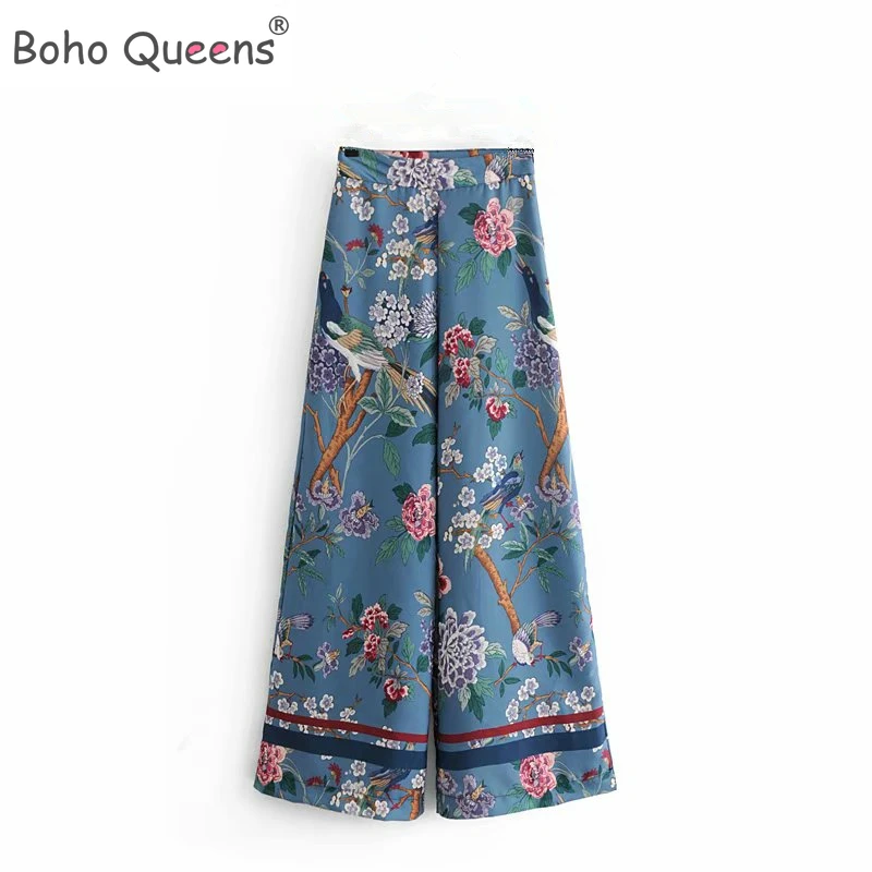 Boho Queens каштановых для женщин с принтом птиц и широкие брюки в богемном стиле