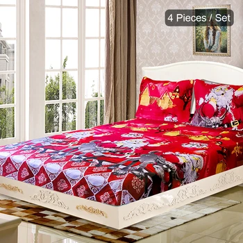 

Hot 4pcs/set Christmas Santa Bedding Set Micro Fiber 3D Printed Fitted Bed Sheet Pillowcase Bed Sheet Set Christmas Bedroom Deco
