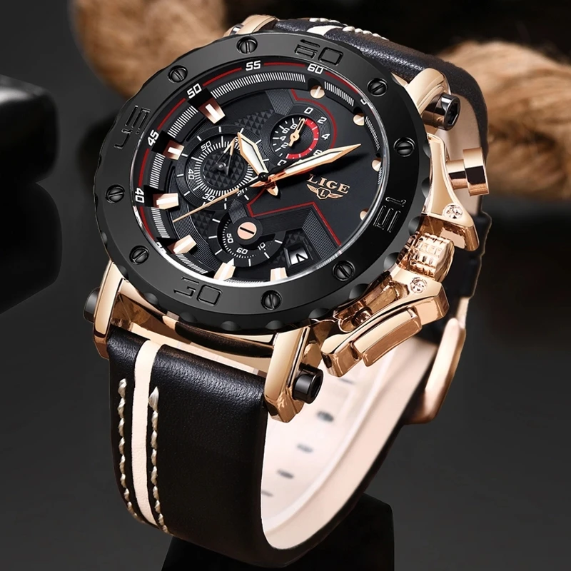 Часы наручные LIGE мужские с большим циферблатом модные брендовые Роскошные