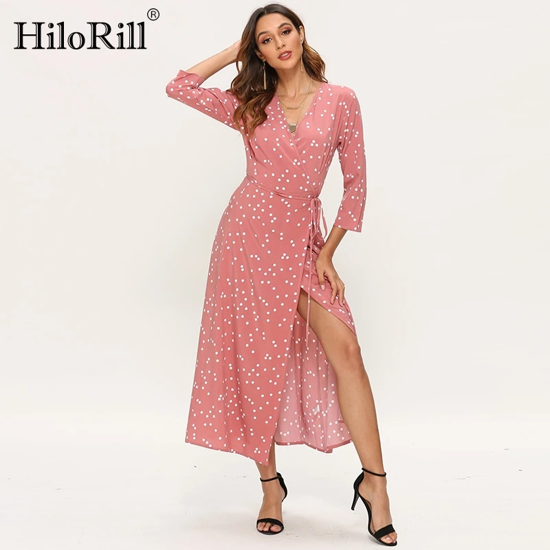 

Casual Long Maxi Dress For Womens Boho Dot Print Wrap Dresses High Split V Neck Three Quarter Sleeve Beach Sashes Dress Robe