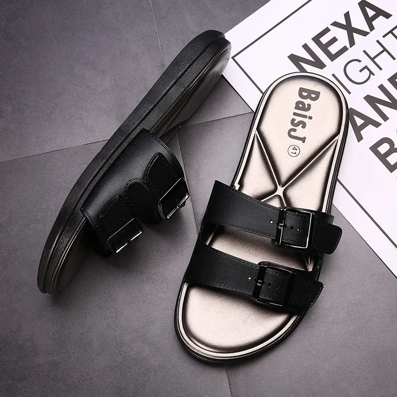 

Xia ji xie Men Leather Slipper Single-strap Slipper Men's Fashion Daily Life Street Outer Wear Slipper Indoor Bathroom