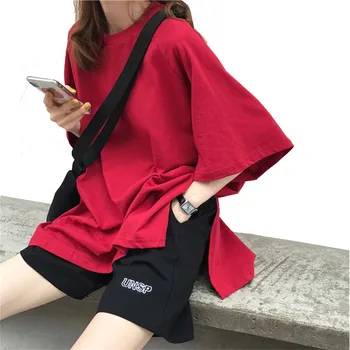 

Summer Women Short Sleeve Tshirt Steetwear Tee Tops Casual Solid Color Women's T Shirt O-neck Loose White Red Female Tshirt Tops