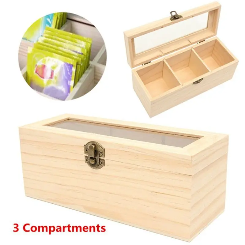 Деревянная коробка для чая, 3 отделения, контейнер для хранения ювелирных изделий, коробка для аксессуаров