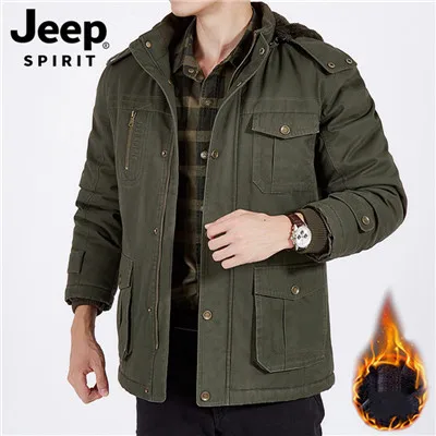 JEEP SPIRIT Зимняя парка куртка мужская Повседневная ветровка с капюшоном и воротником Толстая теплая зимняя куртка мужская флисовая шерсть теплая парка Hombre - Цвет: Армейский зеленый