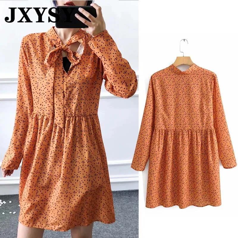 

JXYSY 2019 autumn dress women england style polka dot printing bow loose vestidos de fiesta de noche women party dress