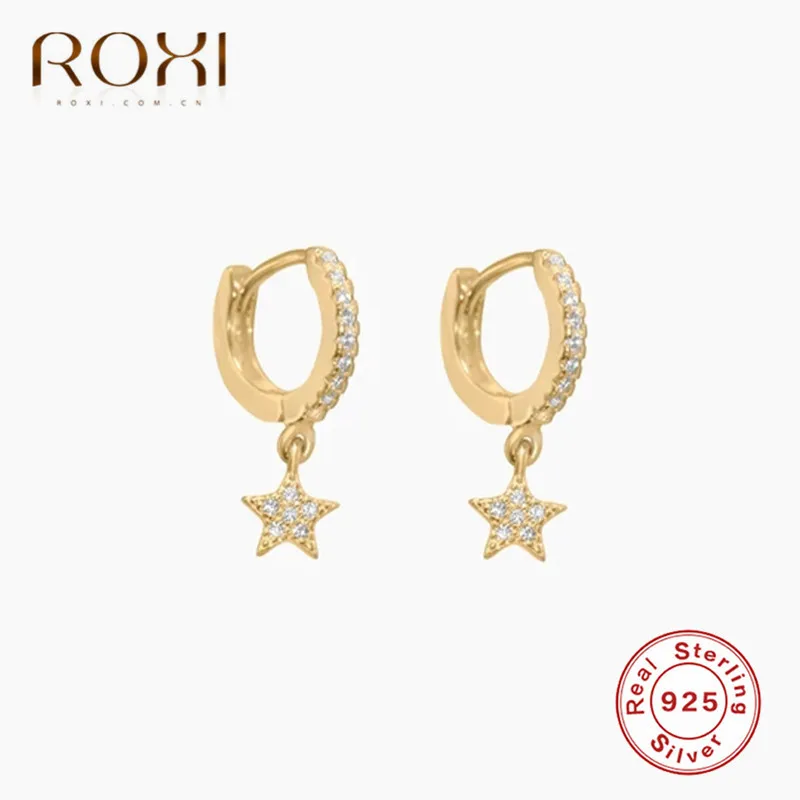 ROXI 925 пробы серебряные серьги-гвоздики с кристаллами и звездами для женщин, ювелирные изделия, модные вечерние серьги с пятиконечной звездой, подарок - Окраска металла: Золотой цвет