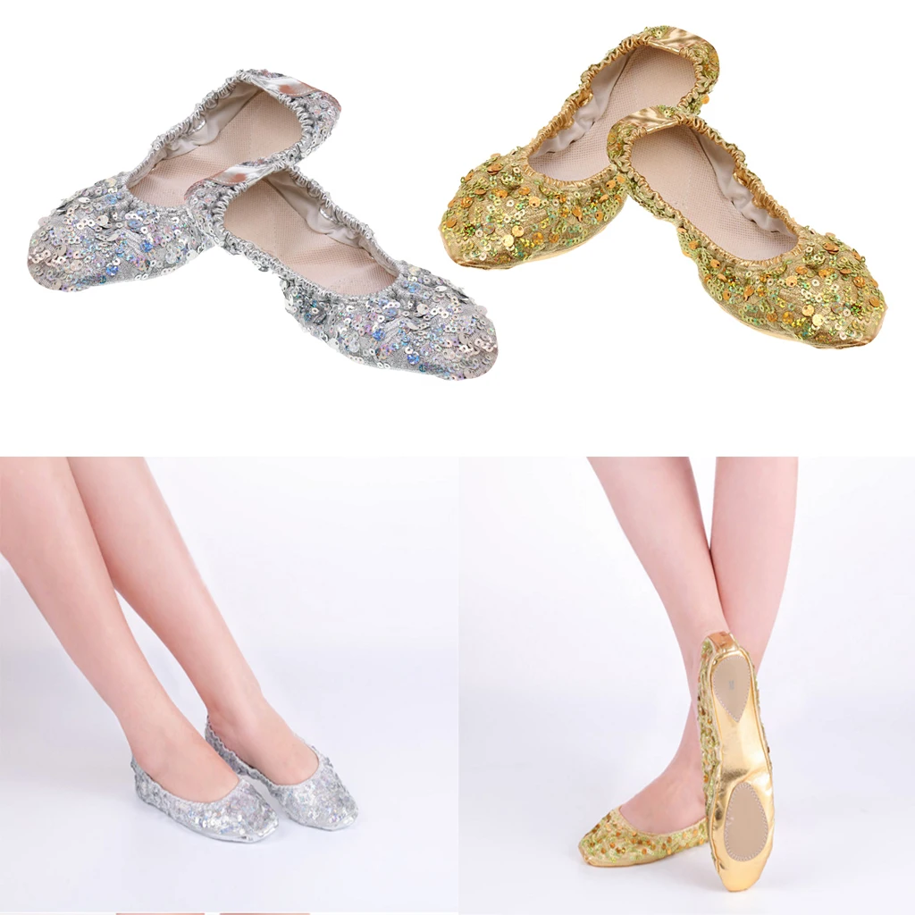 Prettyia 4x складные женские балетные туфли для танца живота на плоской подошве золотистые/серебряные