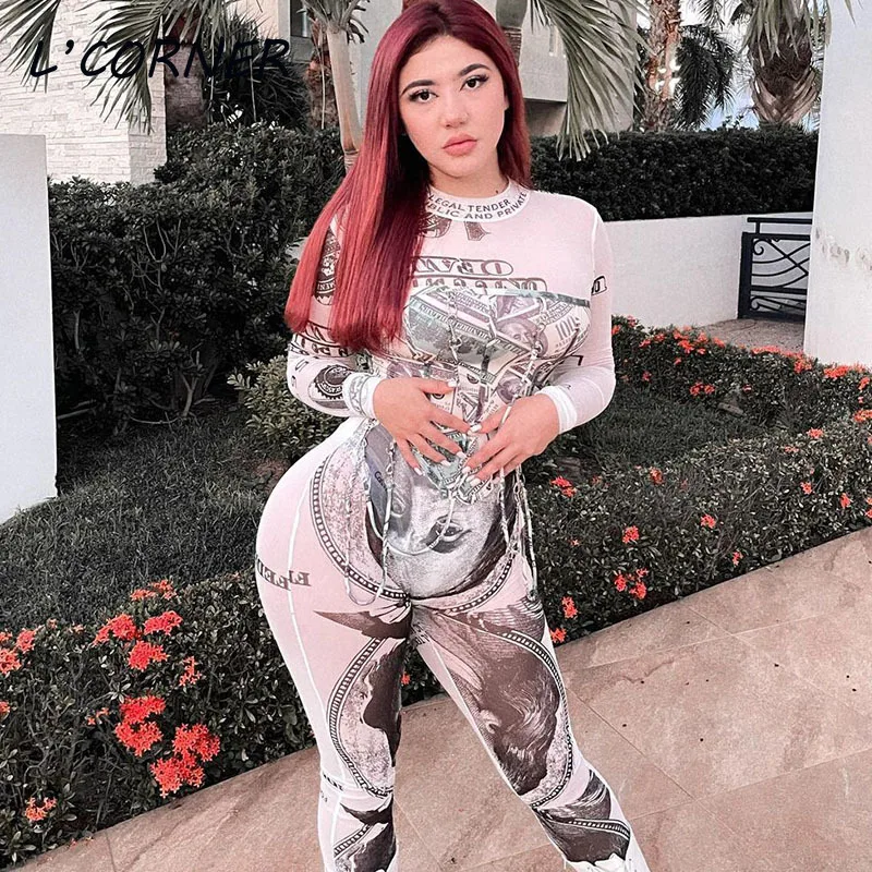 

Sexy Skinny Bodycon Jumpsuits Autumn Long Sleeve Printing One Piece Outfit Women Clothes Streetwear Romper