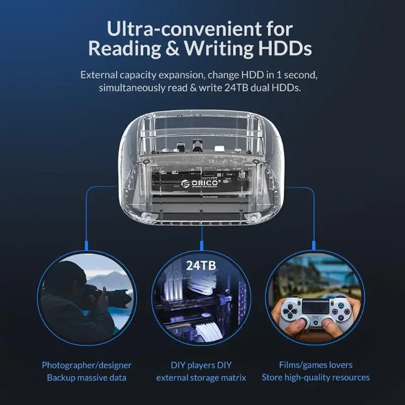 Док-станция ORICO HDD 2 отсека SATA для USB 3,0 type-C прозрачный 2," 3,5" SSD HDD внешний жесткий диск Док-станция