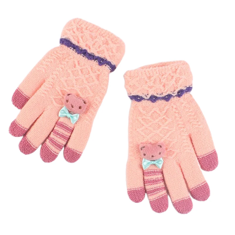 Зимние Детские перчатки, теплые вязаные перчатки, толстые варежки с рисунком медведя и бантиком для детей 5-10 лет - Цвет: pink