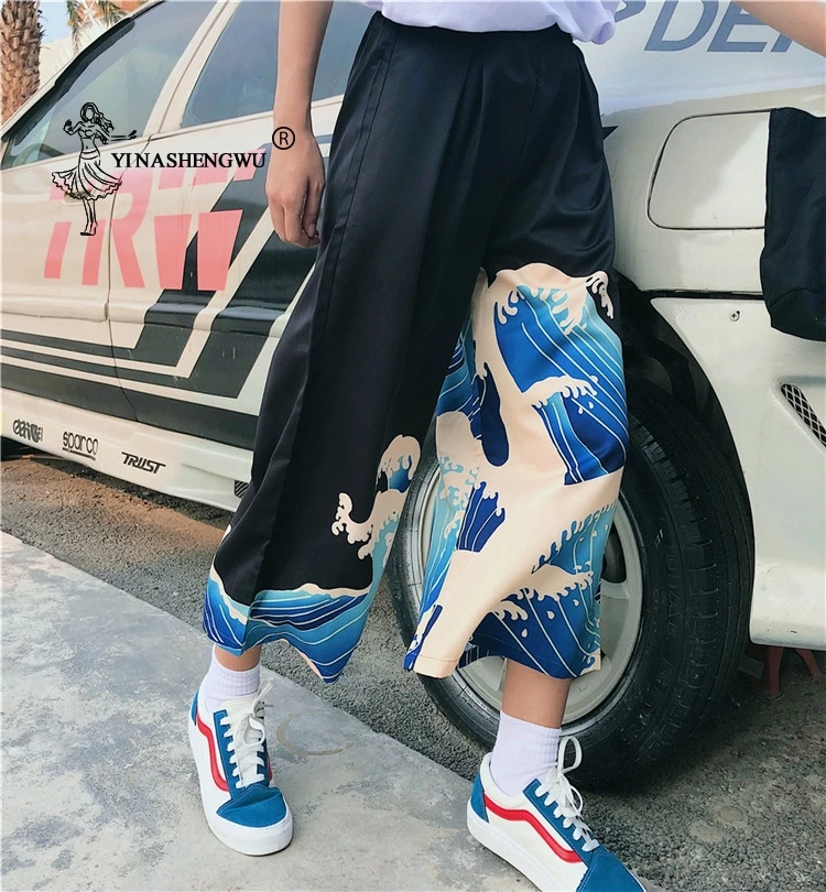 Kimono Femme Kimono Long Pants Haori Pant Beach Casual Loose Pants Wave Print Asian Costume Japan Style Unisex Kimono Yukata Men