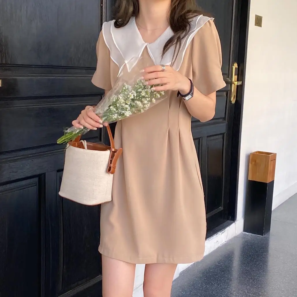 

Korean chic lotus leaf women dress summer organza stitching slim fit black dresses slim split dress Female vestidos my527