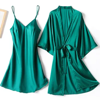 

Kimono Bathrobe Gown Female Satin Bridal Wedding Gift Nightgown 2PCS Robe Set Casual Sleepwear Sexy Nightwear Intimate Lingerie