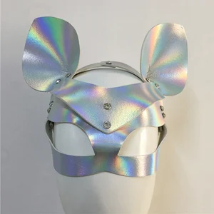 Laser Holographische Maske PU Faux Leder Einstellbare Gürtel Niet Aushöhlen Patchwork Masken Mit Zwei Ohren Rave Festival Chic Maske