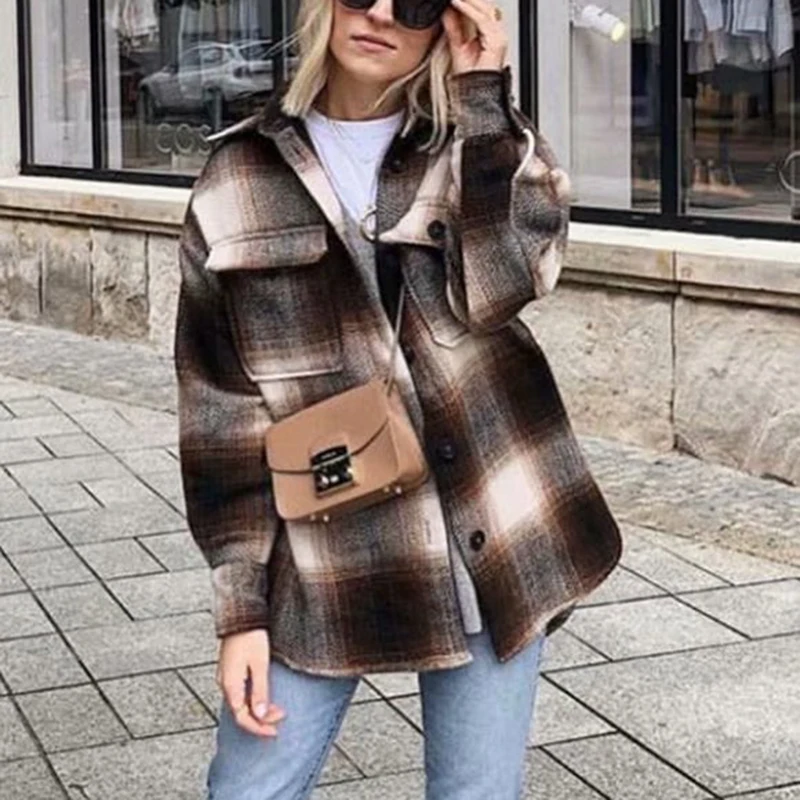 Koop Za Herfst Winter Vrouwen Plaid Wollen Shirt Plus Tweed Dikke Jas Warm Uitloper Vrouw Oversize Jassen Vrouwelijke Shirtwear Jas