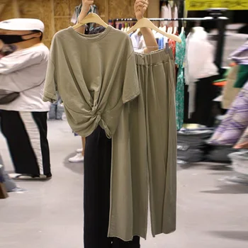 

Spring and Summer New Solid Short T-shirt with Casual Wide-Leg Pants Two-Piece Set Casual Loose Suit Women