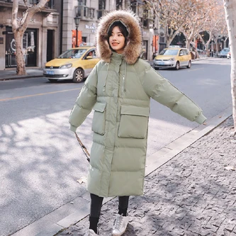 light green Меховое пальто с капюшоном женская зимняя модная длинная пуховая хлопковая теплая куртка корейский большой размер светильник зеленая парка куртка на молнии Z0003 - Цвет: light green