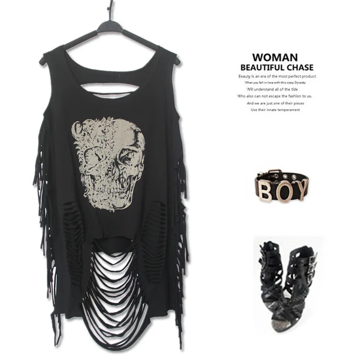 

PUNK ROCK Summer Women New Fashion T-shirt Print Skull Off The Shoulder Tassel Retro Personalized Casual Tshirt Women's Clothing