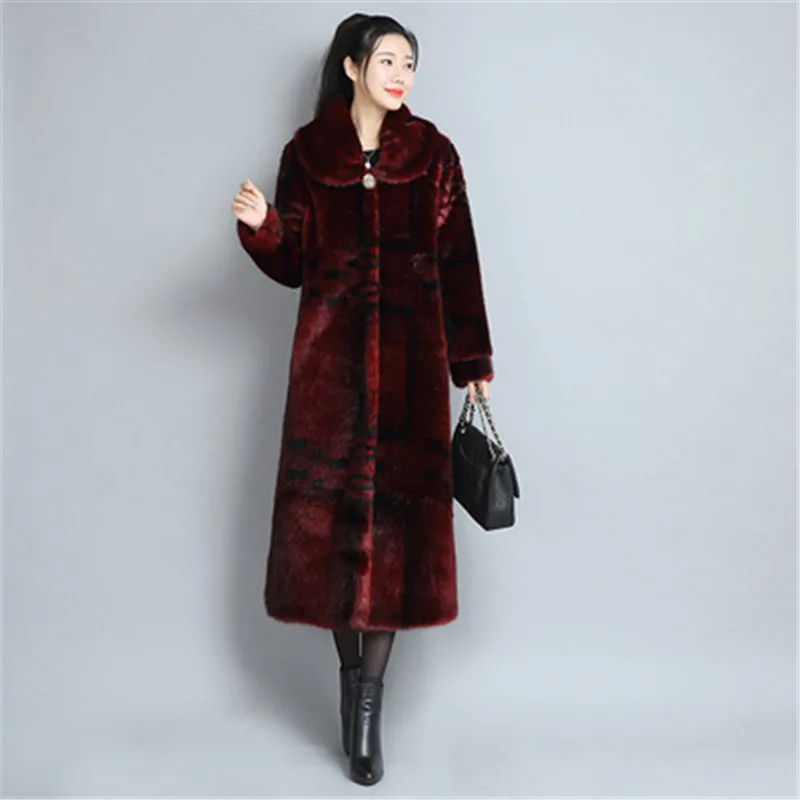 Red wine Новинка зимы, длинное Норковое меховое пальто выше колена с длинными рукавами, толстое теплое модное меховое пальто для женщин, большие размеры, Осенние парки AS1364 - Цвет: Red wine