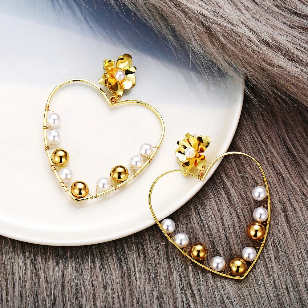 Fashion Statement Alloy Big Heart flower pearl Drop Earrings Set for Women Vintage Wedding Party Jewelry Gift 1 Pair | Украшения и