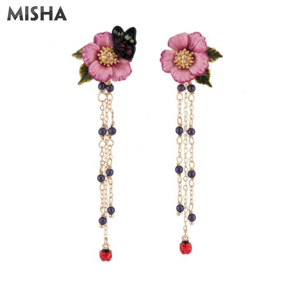 MISHA серьги для Для женщин длинной кисточкой серьги романтичная обувь с украшениями в виде цветков и бабочек Дизайн Эмаль глазури Для женщин вечерние ювелирные подарки L384