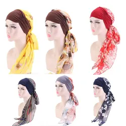 Женский платок на голову мусульманский тюрбан шляпа цветы головные уборы с принтами Beanie комбинезоны летняя шифоновая повязка на голову