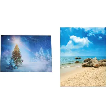 

2pcs Vinyl Studio Photography Sea Photo Background - 3X5Ft Blue Sky Beach Backdrop & 7X5Ft Christmas theme
