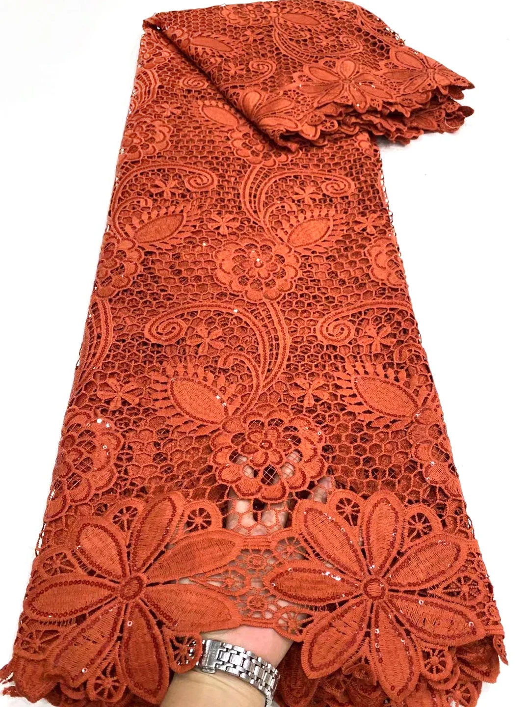 

Orange African Lace Fabric 2022 High Quality Lace French Milk Silk Fabric Nigerian Sequin Lace Fabrics For Wedding VD5100