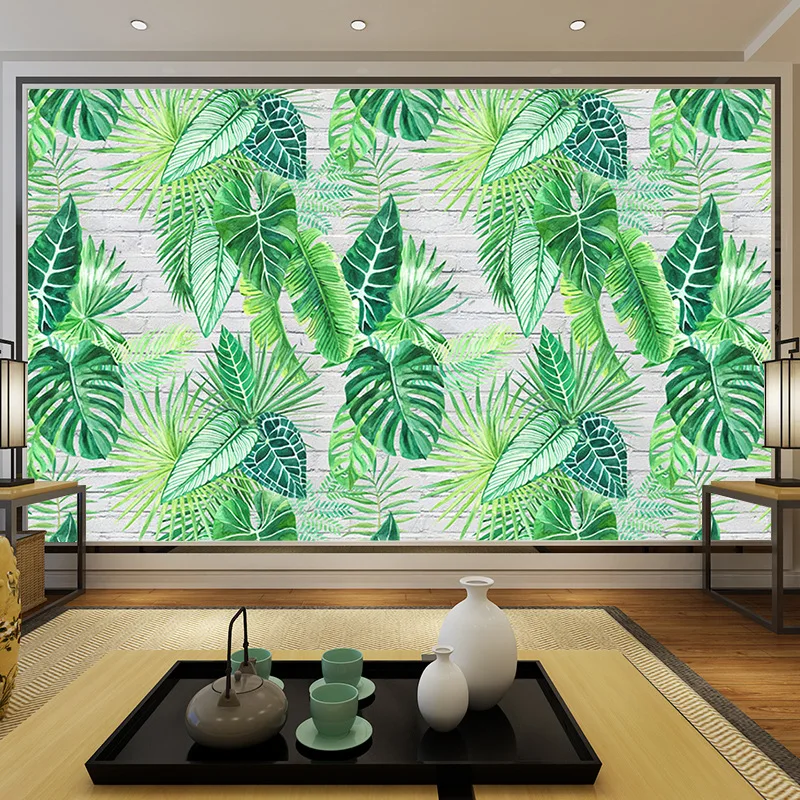 

European Style Simple Hand-Painted Torrid Zone Rainforest Japanese Banana Leaf Green Leaf Television Living Room Bedroom Wall Pa