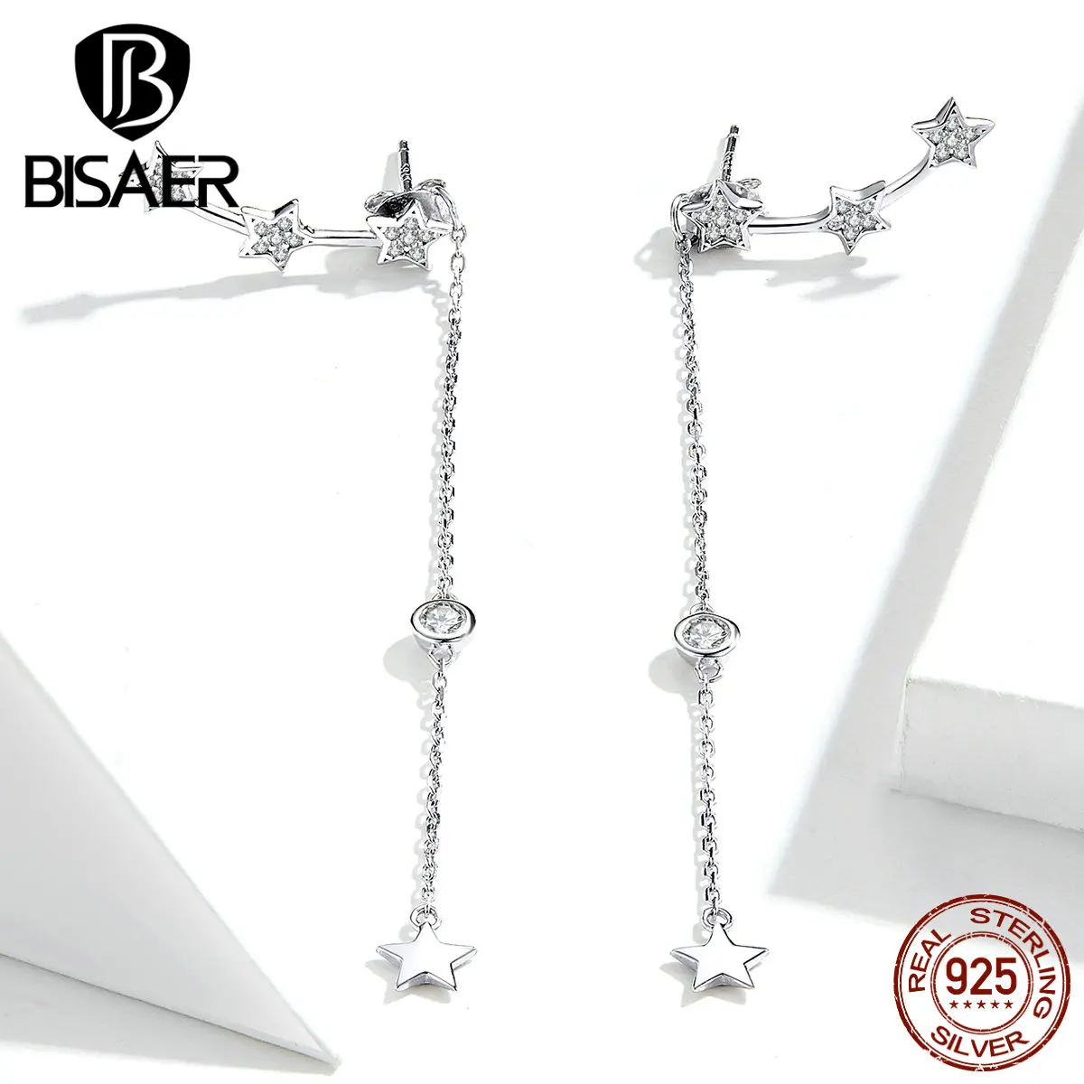 Серьги с кисточками BISAER, 925 пробы, серебро, светящаяся звезда, длинная цепочка, звезда, женские серьги-гвоздики, ювелирные изделия из стерлингового серебра ECE727