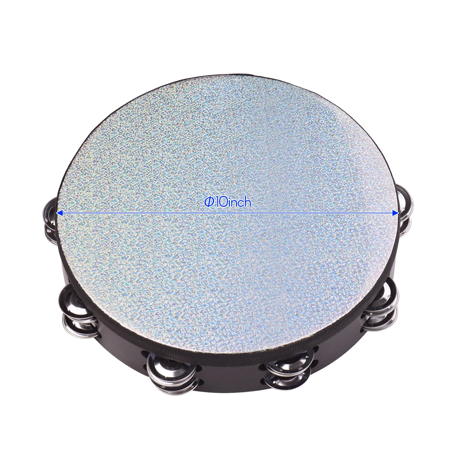 

10 Inch Wooden Radiant Tambourine Handbell Hand Drum with Double Rows Jingles Shining Reflective Drum Head toy for Party KTV