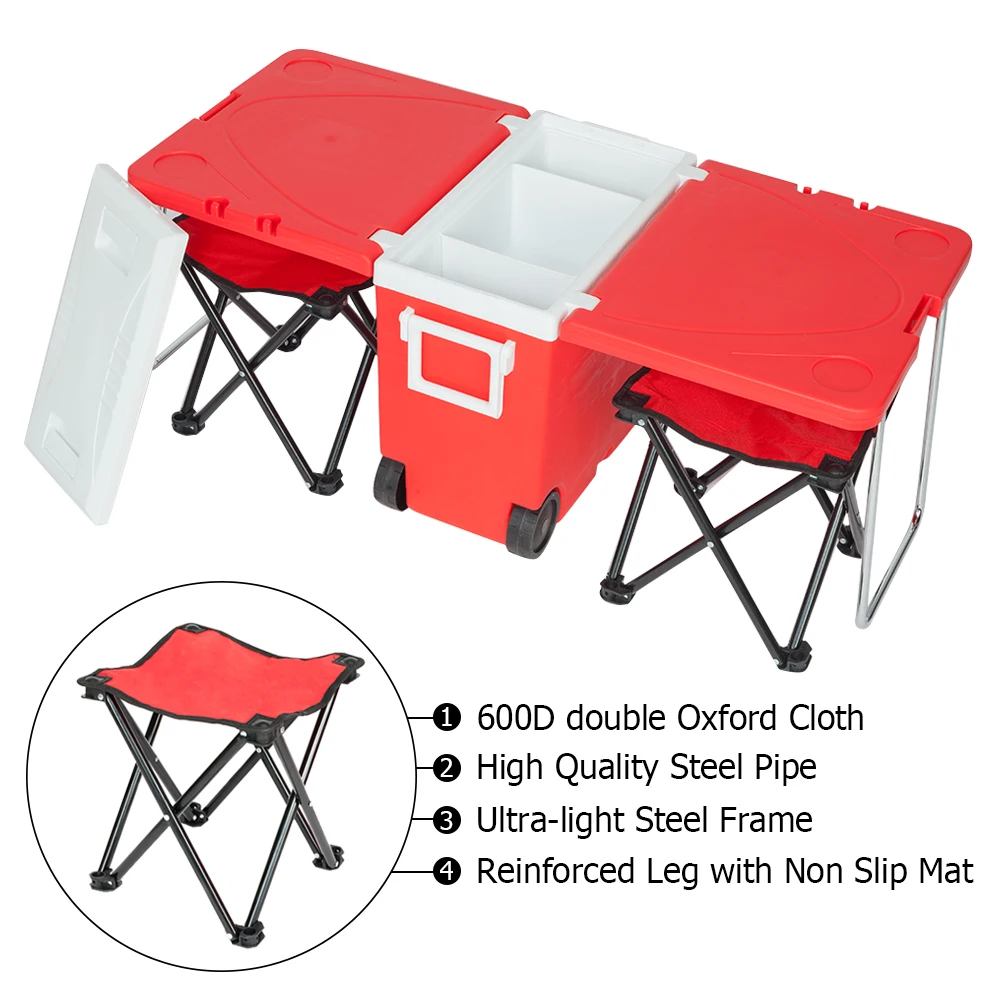 

Multi Function Rolling Cooler With Table And 2 Chairs Picnic Camping Outdoor Portable Folding cold table fixed chair 1pc Cooler