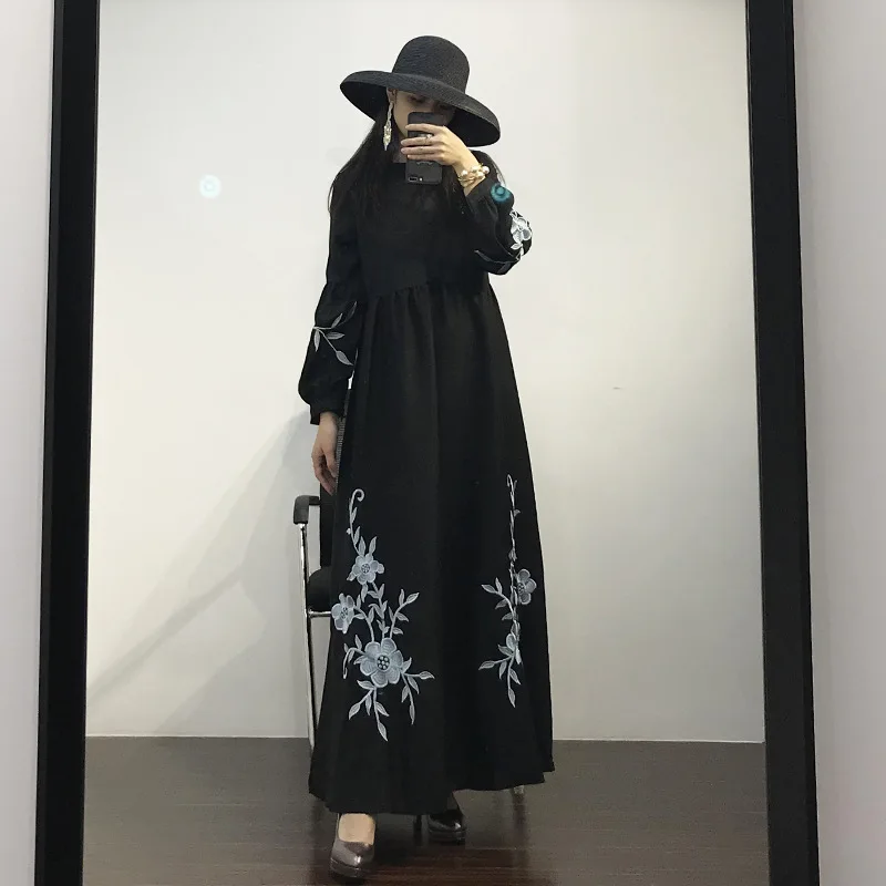 Yi uncommon, 201, Ранняя осень, стиль, мусульманское, вырез лодочкой, длинный рукав, свободное и большого размера, вышивка, большой подол, официальное платье, Lon
