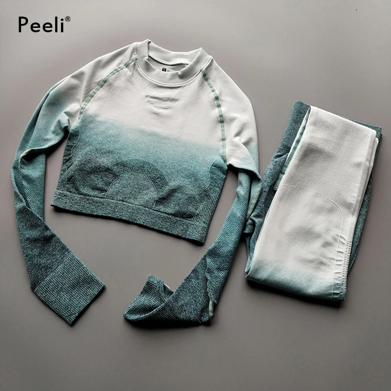 Peeli, Женский комплект 2 шт., спортивный костюм, Омбре, бесшовный, для йоги, набор, для фитнеса, укороченный топ, эластичные леггинсы, одежда для спортзала, тренировочный костюм