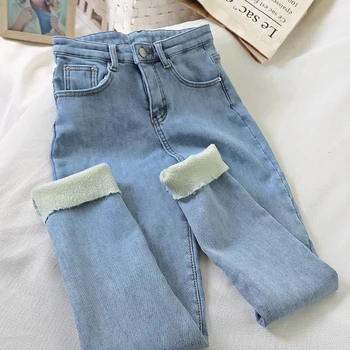 

Fleece Lined Denim Pants Winter warm Stretchy Trousers Women High Waist Skinny Pants Velvet Pencil Pants For Women